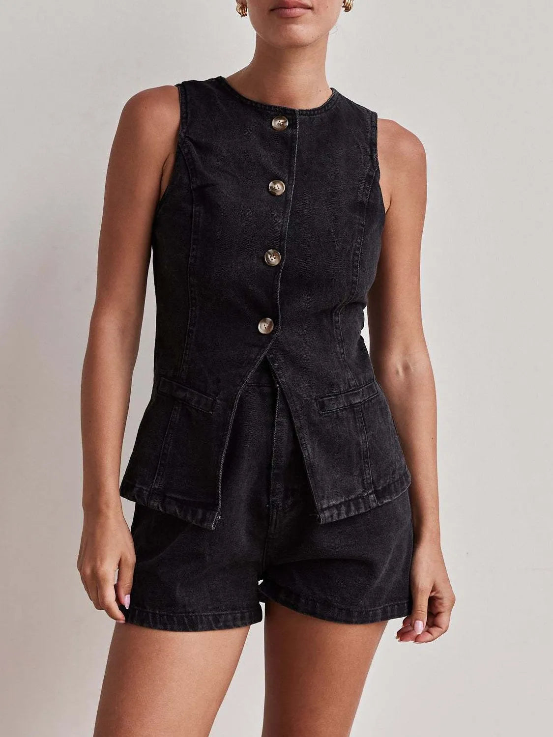 Button Down Vest and Shorts Denim Set - Premium Women / Jeans & Denim from Trendsi - Just $65.12! Shop now at Handbags Specialist Headquarter