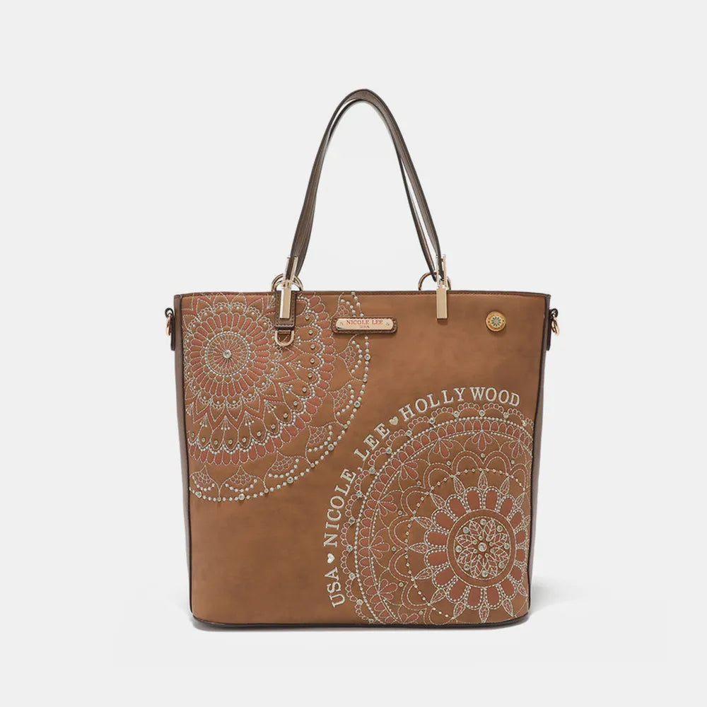 Nicole Lee USA Metallic Stitching Embroidery Inlaid Rhinestone Tote Bag - Premium Tote Bag from Trendsi - Just $64.99! Shop now at Handbags Specialist Headquarter
