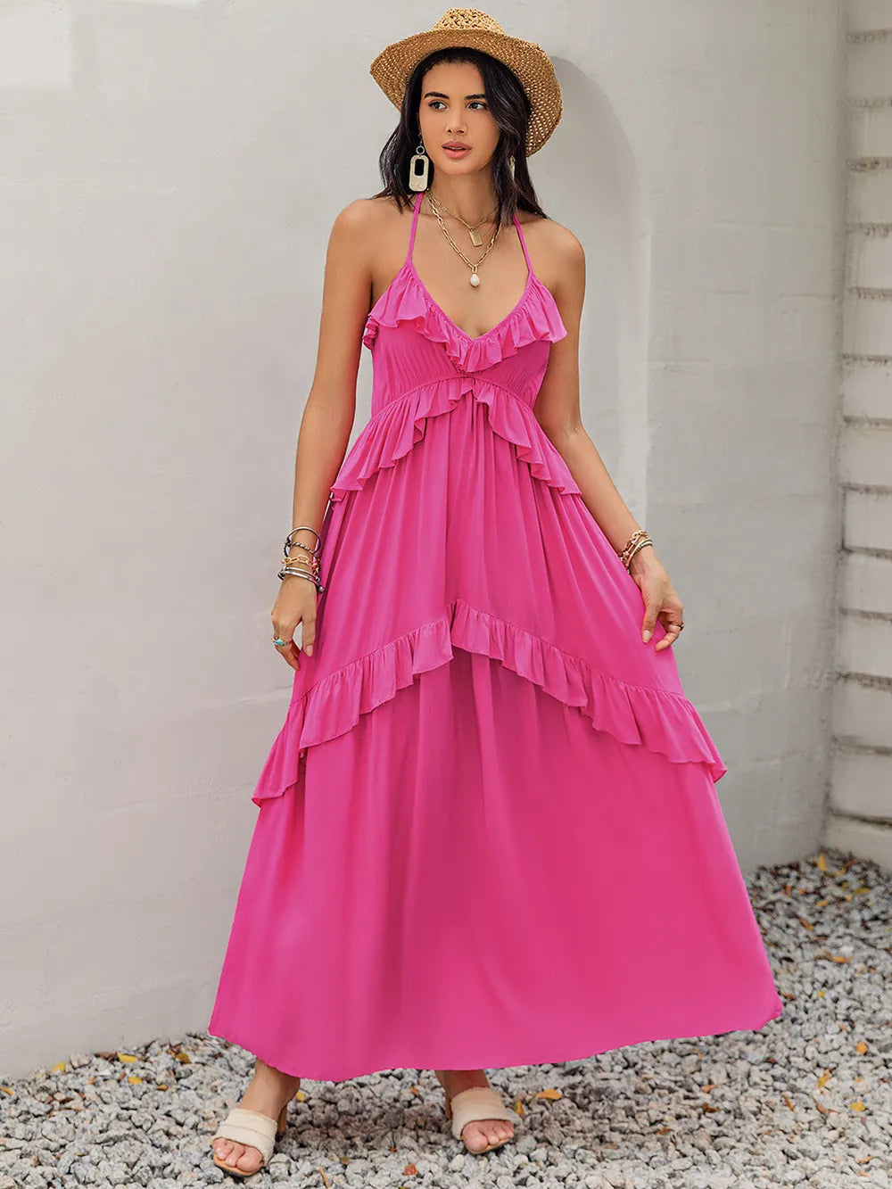 Ruffled Halter Neck Maxi Dress - Premium Maxi Dress from Trendsi - Just $38.99! Shop now at Handbags Specialist Headquarter