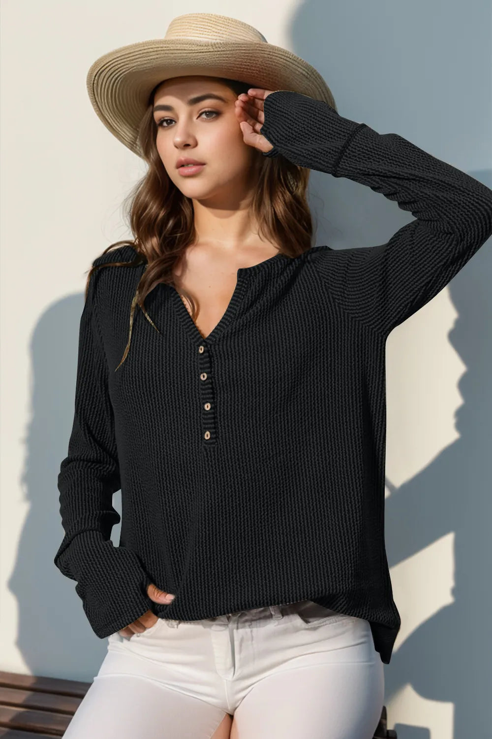 Double Take Full Size Notched Thumbhole Long Sleeve T-Shirt - Premium Tops from Trendsi - Just $25.88! Shop now at Handbags Specialist Headquarter