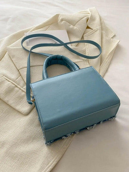 Raw Hem Denim PU Leather Handbag.