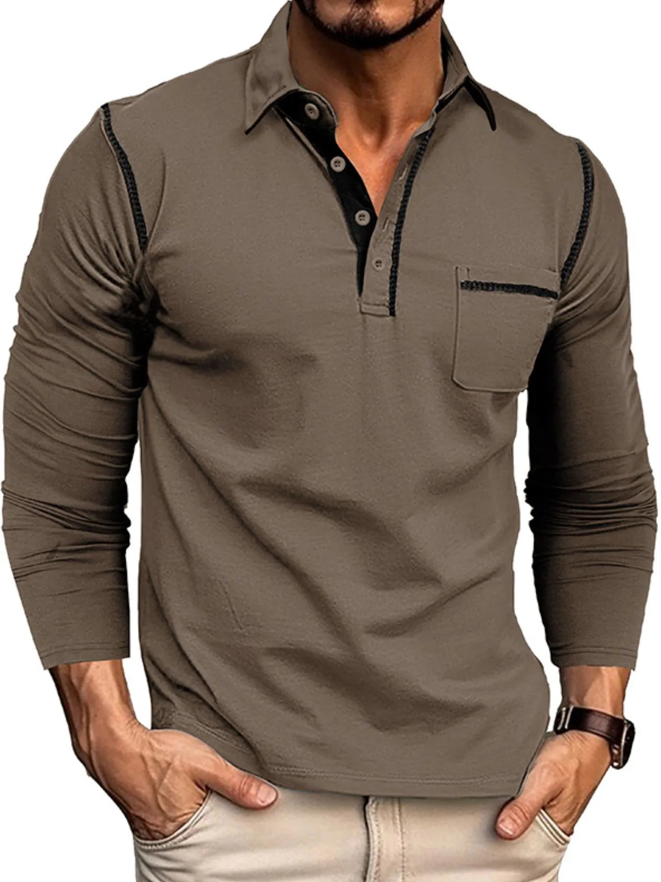Men's Long Sleeve Polo Shirt with Contrast Stitching - Premium Men's Polo shirt from Trendsi - Just $39.99! Shop now at Handbags Specialist Headquarter