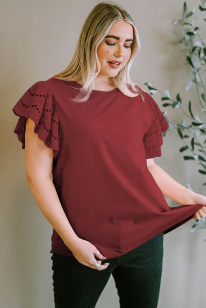 Plus Size Eyelet Round Neck Short Sleeve Blouse.