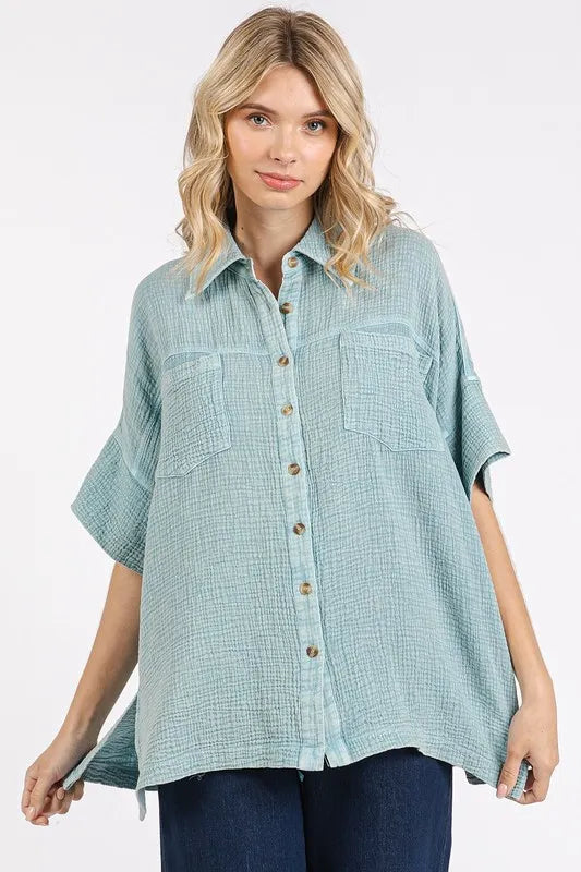 Mittoshop Mineral Wash Gauze Oversized Short Sleeve Shirt - Premium Women / Jeans & Denim from Trendsi - Just $50.74! Shop now at Handbags Specialist Headquarter