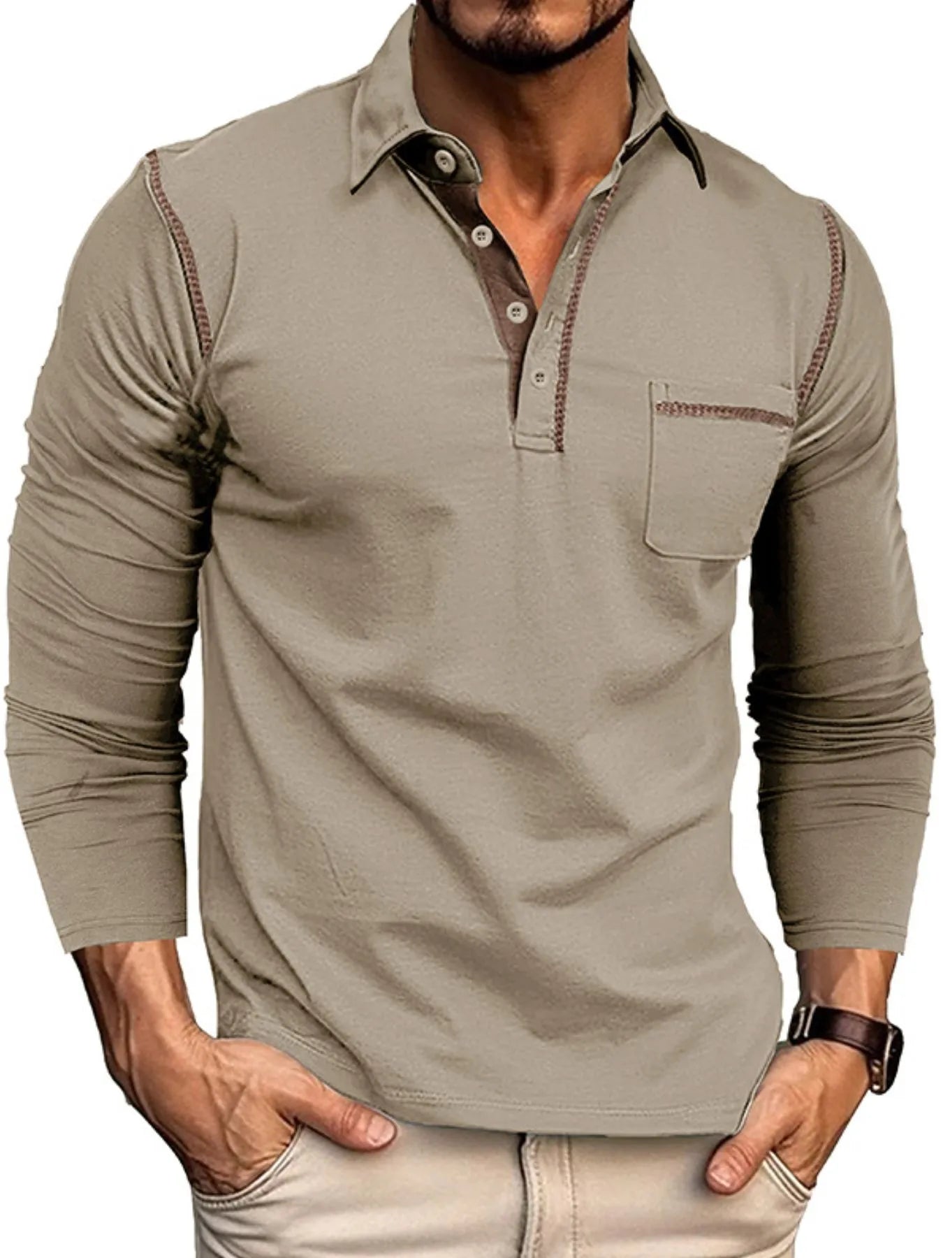 Men's Long Sleeve Polo Shirt with Contrast Stitching - Premium Men's Polo shirt from Trendsi - Just $39.99! Shop now at Handbags Specialist Headquarter