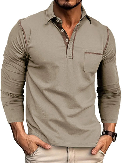 Men's Long Sleeve Polo Shirt with Contrast Stitching - Premium Men's Polo shirt from Trendsi - Just $39.99! Shop now at Handbags Specialist Headquarter