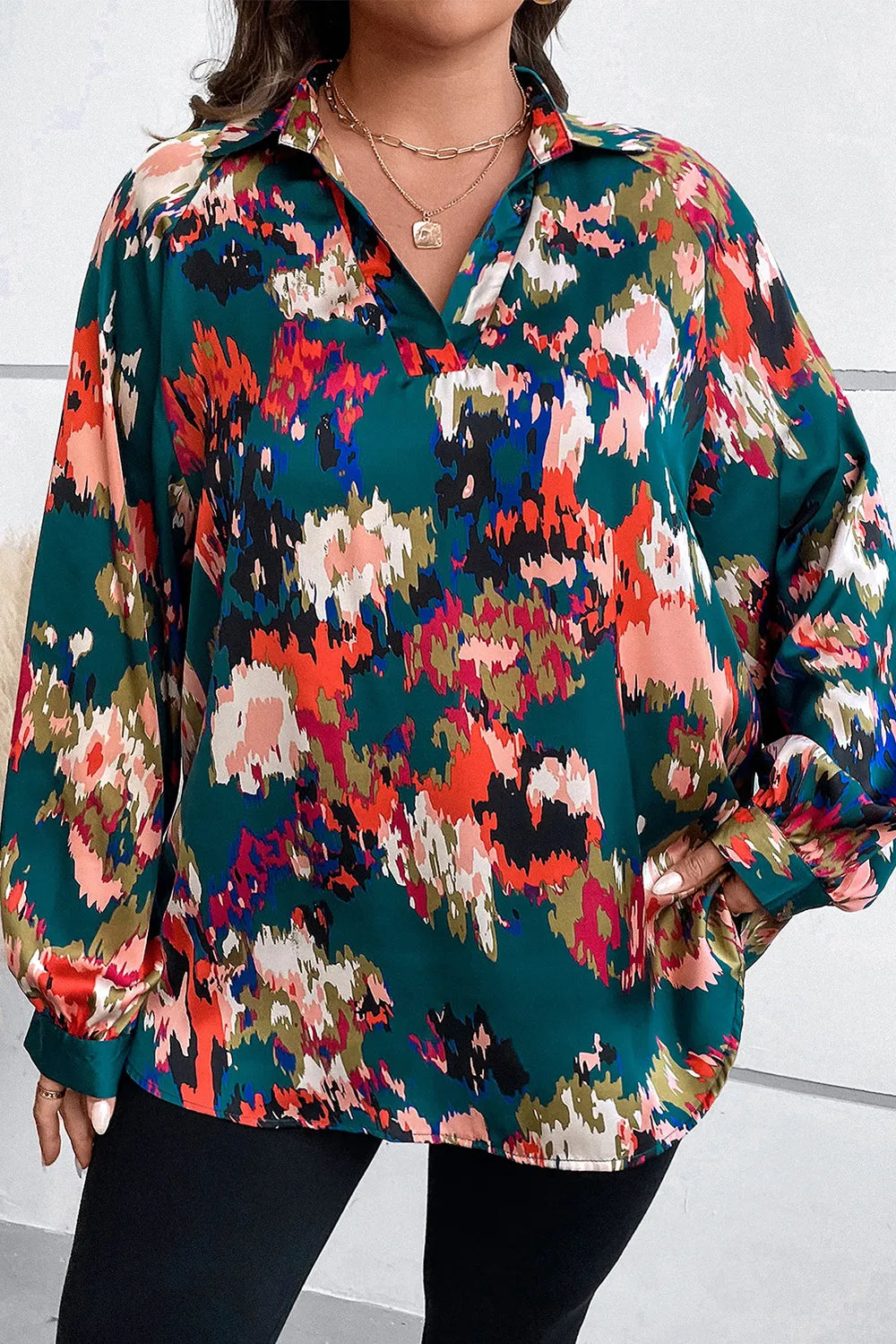 Plus Size Printed Johnny Collar Long Sleeve Blouse - Premium Plus Size Shirts from Trendsi - Just $29! Shop now at Handbags Specialist Headquarter