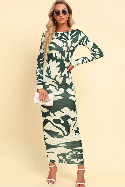 Printed Backless Long Sleeve Maxi Dress - Premium Maxi Dress from Trendsi - Just $32.99! Shop now at Handbags Specialist Headquarter