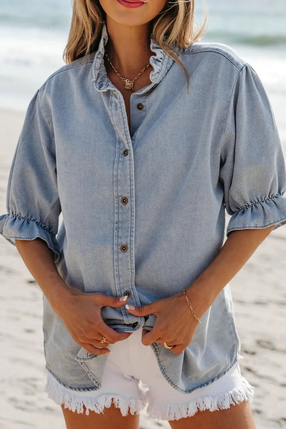 Ruffle Short Puff Sleeve Button Down Denim Shirt - Premium Women / Jeans & Denim from Trendsi - Just $47.50! Shop now at Handbags Specialist Headquarter