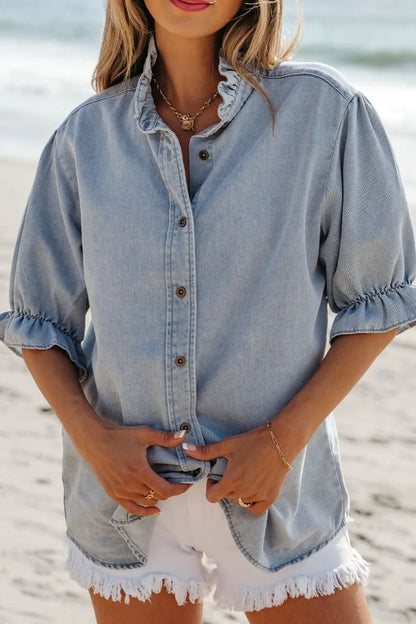 Ruffle Short Puff Sleeve Button Down Denim Shirt - Premium Women / Jeans & Denim from Trendsi - Just $47.50! Shop now at Handbags Specialist Headquarter