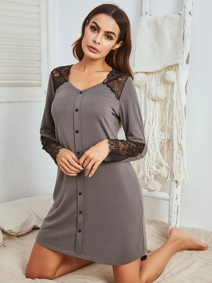 Lace Detail Long Sleeve Mini Lounge Dress - Premium Sleepwear from Trendsi - Just $28.72! Shop now at Handbags Specialist Headquarter