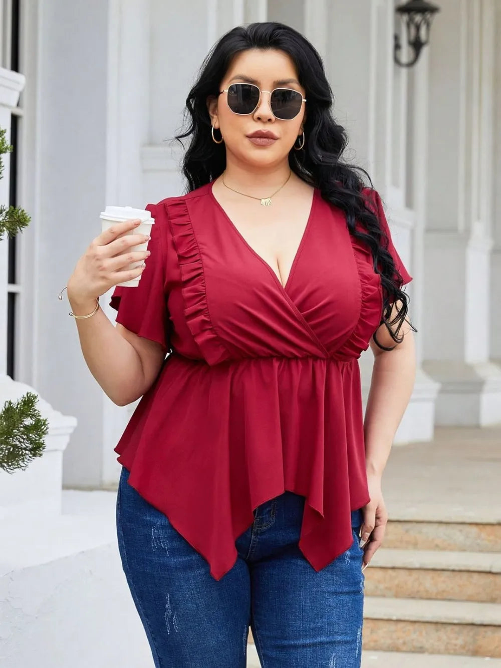 Plus Size Frill Surplice Flutter Sleeve Blouse - Premium Plus Size Shirts from Trendsi - Just $21! Shop now at Handbags Specialist Headquarter