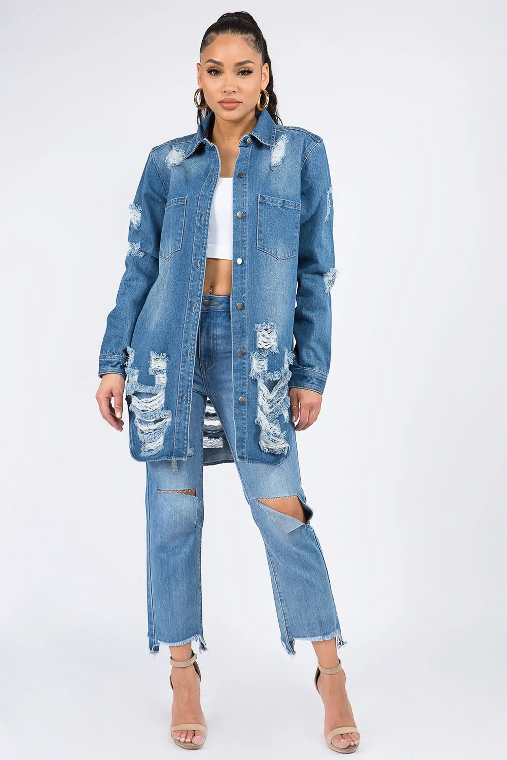 American Bazi Distressed Button Down Denim Shirt Jacket - Premium Women / Jeans & Denim from Trendsi - Just $30.74! Shop now at Handbags Specialist Headquarter