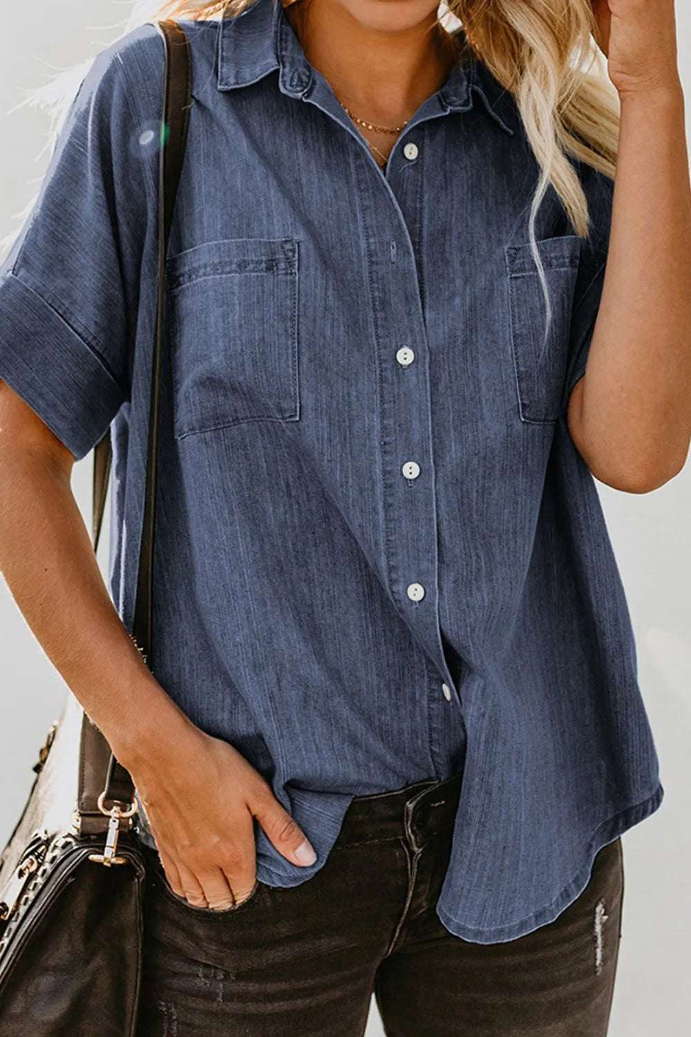 Pocketed Button Up Short Sleeve Denim Shirt - Premium Women / Jeans & Denim from Trendsi - Just $37! Shop now at Handbags Specialist Headquarter