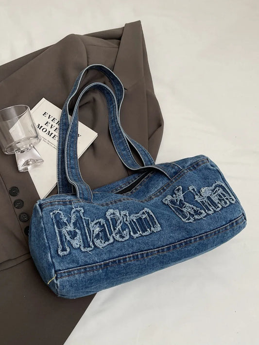 Letter Raw Edge Denim Handbag - Premium Tote Bag from Trendsi - Just $33.99! Shop now at Handbags Specialist Headquarter