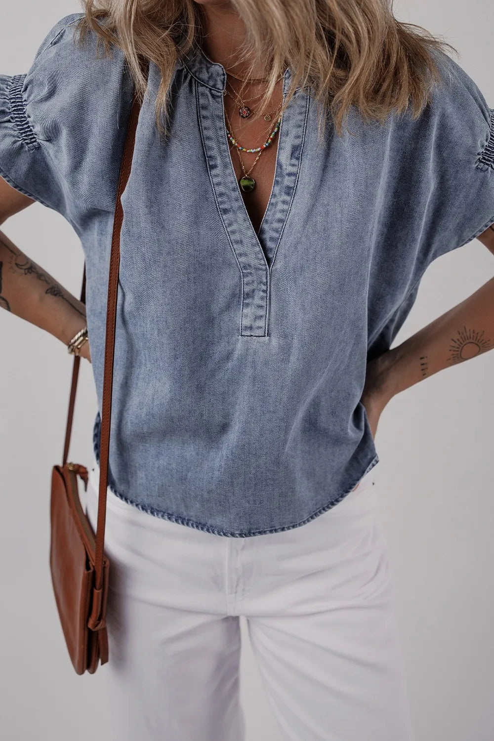 V Neck Ruffled Short Puff Sleeve Denim Top - Premium Women / Jeans & Denim from Trendsi - Just $39.06! Shop now at Handbags Specialist Headquarter