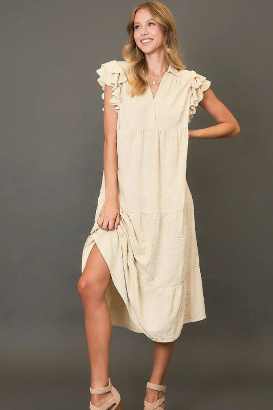 Umgee Full Size Tiered Floral Burnout Ruffle Sleeve Midi Dress Plus Size - Premium Dresses from Trendsi - Just $55.99! Shop now at Handbags Specialist Headquarter
