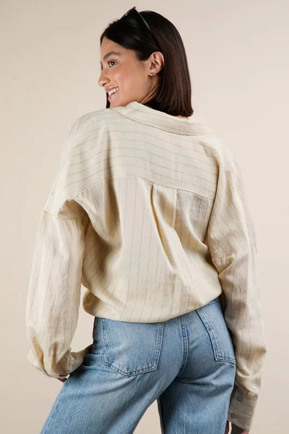 VERY J Full Size Oversized Striped Button Down Shirt Top Plus Size - Premium Women's Down Shirt Tops from Trendsi - Just $38.88! Shop now at Handbags Specialist Headquarter