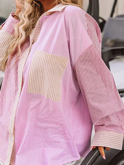 Plus Size Striped Collared Neck Long Sleeve Shirt - Premium Plus Size Shirts from Trendsi - Just $33! Shop now at Handbags Specialist Headquarter