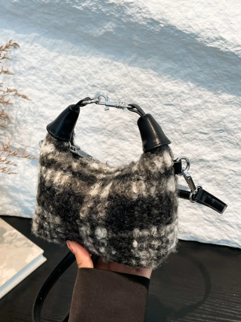 Fuzzy Polyester Mini Handbag with Zipper - Premium Tote Bag from Trendsi - Just $39.99! Shop now at Handbags Specialist Headquarter