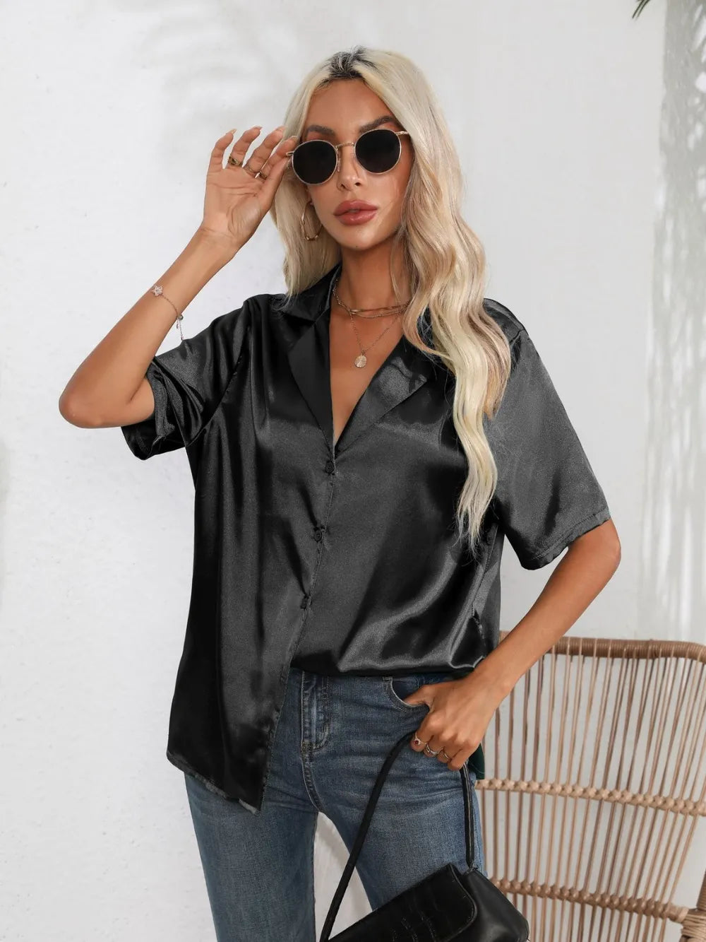 Button Down Short Sleeve Shirt - Premium Women's Down Shirt Tops from Trendsi - Just $19.48! Shop now at Handbags Specialist Headquarter