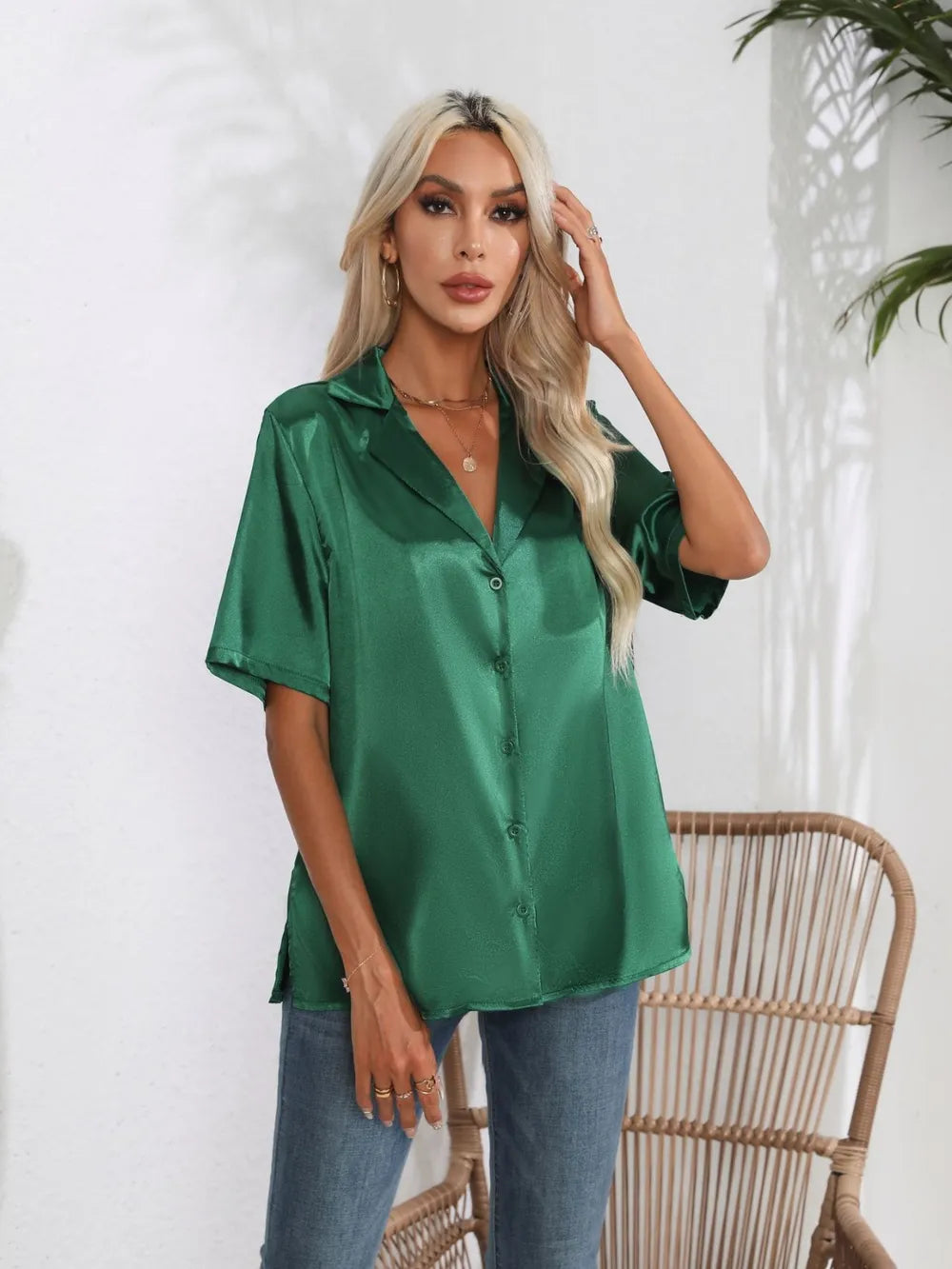 Button Down Short Sleeve Shirt - Premium Women's Down Shirt Tops from Trendsi - Just $19.48! Shop now at Handbags Specialist Headquarter