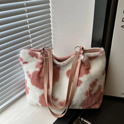 Cow Print Furry Tote Bag - Premium Tote Bag from Trendsi - Just $39.99! Shop now at Handbags Specialist Headquarter