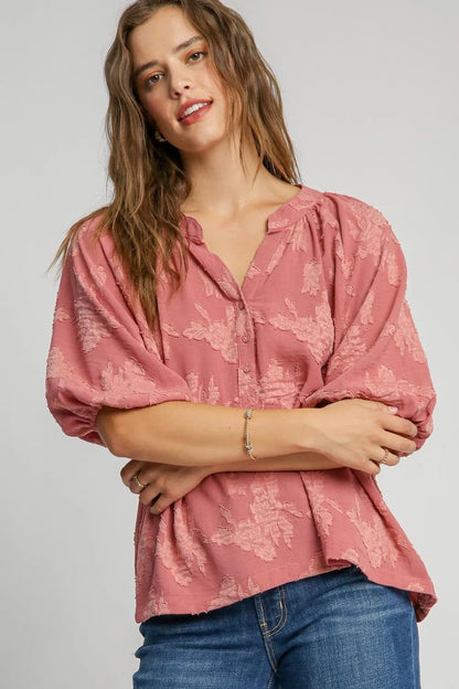 Umgee Full Size Notched Button Detail Half Sleeve Blouse Plus Size - Premium Dresses from Trendsi - Just $46.99! Shop now at Handbags Specialist Headquarter