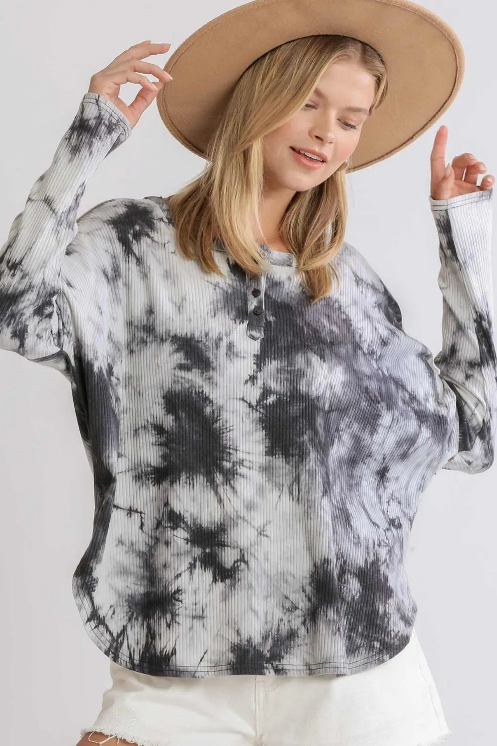 Umgee Full Size Tie Dye Round Neck Ribbed Button Front Top Plus Size - Premium Dresses from Trendsi - Just $29.99! Shop now at Handbags Specialist Headquarter