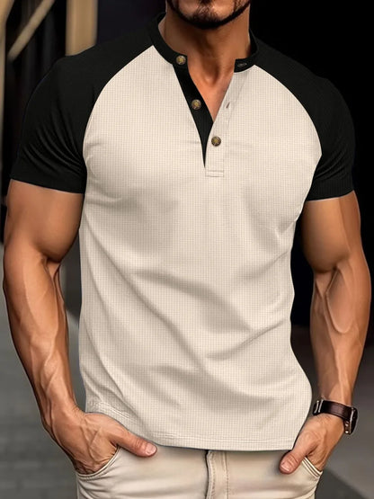 Men's Full Size Waffle-Knit Round Neck Contrast Polo Plus Size - Premium Men's Polo shirt from Trendsi - Just $30.99! Shop now at Handbags Specialist Headquarter