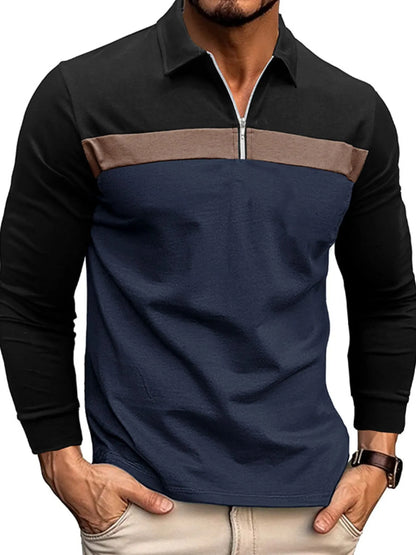 Men's Color Block Long Sleeve Polo Shirt - Premium Men's Polo shirt from Trendsi - Just $39.99! Shop now at Handbags Specialist Headquarter