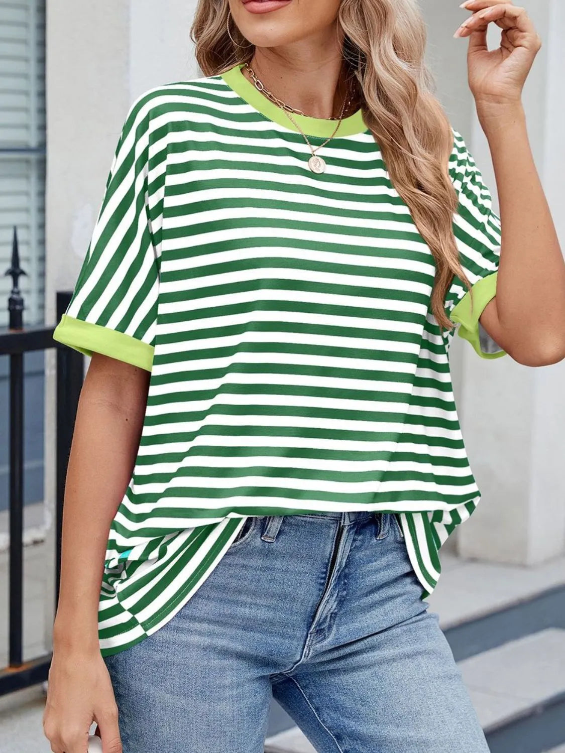 Striped Round Neck Half Sleeve T-Shirt - Premium Women / Tops from Trendsi - Just $19.34! Shop now at Handbags Specialist Headquarter