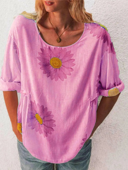 Full Size Flower Round Neck Half Sleeve T-Shirt Plus Size.