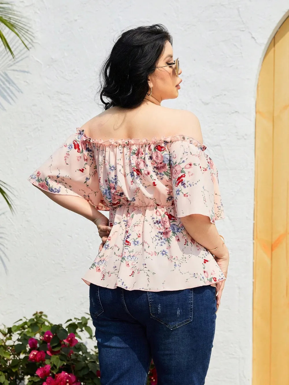 Plus Size Frill Printed Flutter Sleeve Blouse - Premium Plus Size Shirts from Trendsi - Just $21! Shop now at Handbags Specialist Headquarter