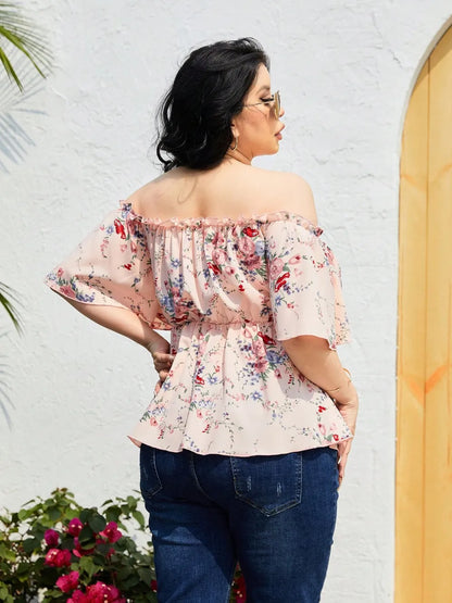 Plus Size Frill Printed Flutter Sleeve Blouse - Premium Plus Size Shirts from Trendsi - Just $21! Shop now at Handbags Specialist Headquarter