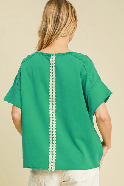 Umgee Full Size Mineral Wash T-Shirt with Lace Applique Plus Size - Premium Dresses from Trendsi - Just $51.99! Shop now at Handbags Specialist Headquarter