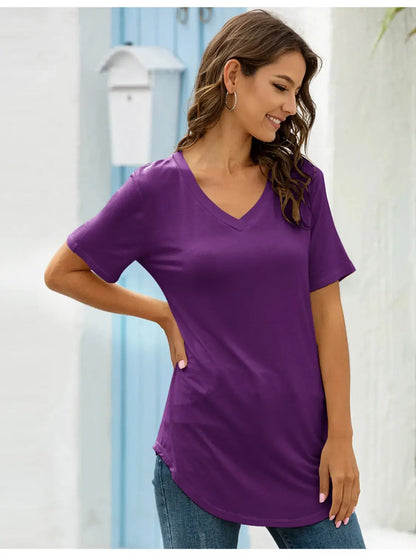 Full Size Solid V-Neck Short Sleeve T-Shirt Plus Size - Premium Women Plus Size from Trendsi - Just $16.36! Shop now at Handbags Specialist Headquarter