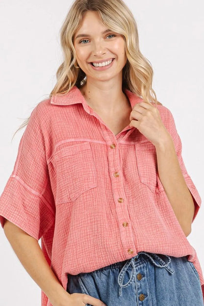 Mittoshop Mineral Wash Gauze Oversized Short Sleeve Shirt - Premium Women / Jeans & Denim from Trendsi - Just $50.74! Shop now at Handbags Specialist Headquarter
