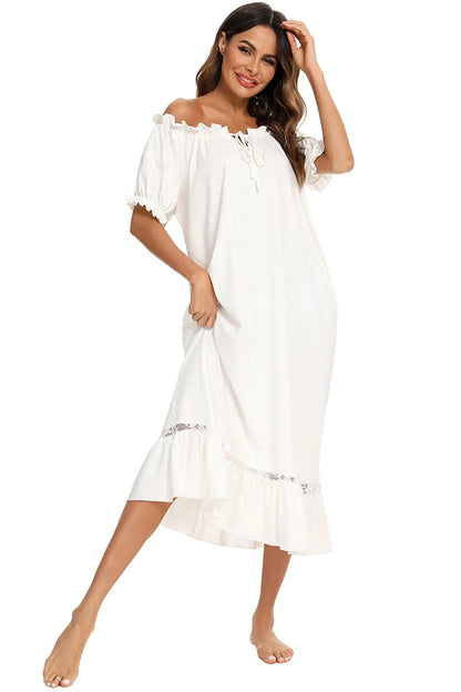 Lace Detail Short Sleeve Lounge Dress - Premium Sleepwear from Trendsi - Just $29! Shop now at Handbags Specialist Headquarter