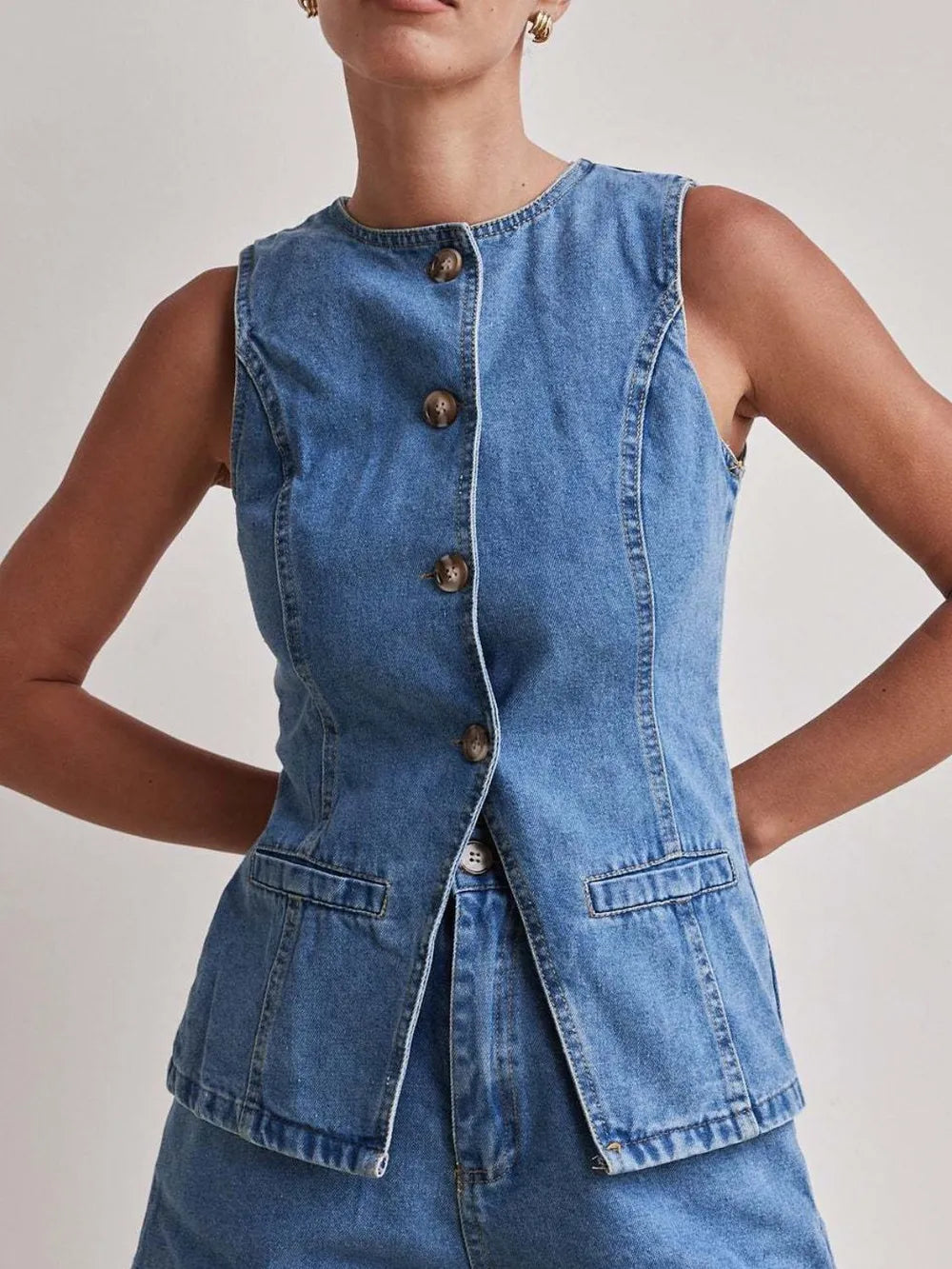 Button Down Denim Vest - Premium Women / Jeans & Denim from Trendsi - Just $34.56! Shop now at Handbags Specialist Headquarter