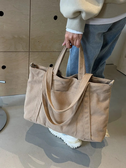 Corduroy Solid Large Tote Bag - Premium Tote Bag from Trendsi - Just $39.99! Shop now at Handbags Specialist Headquarter