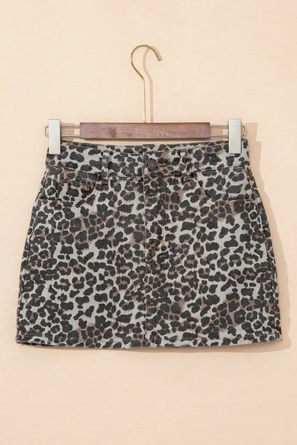 Leopard Denim Mini Skirt - Premium Skirts from Trendsi - Just $37.99! Shop now at Handbags Specialist Headquarter