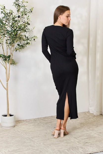 Culture Code Full Size Ribbed Long Sleeve Midi Slit Dress - Premium Dresses from Trendsi - Just $24.99! Shop now at Handbags Specialist Headquarter