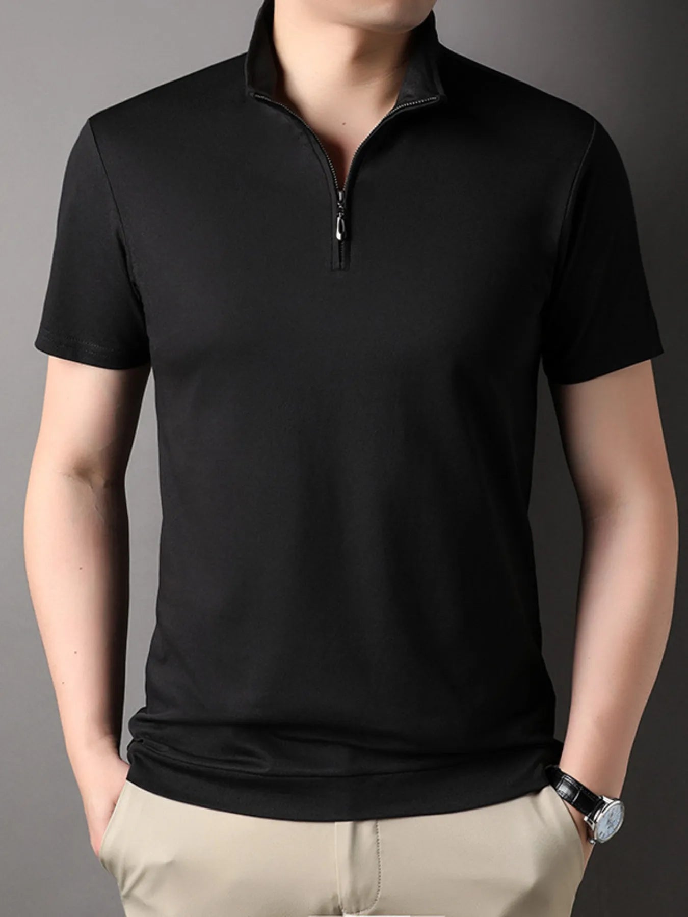 Men's Plus Size Zip Collar Short Sleeve Polo Shirt - Premium Men's Polo shirt from Trendsi - Just $46.99! Shop now at Handbags Specialist Headquarter