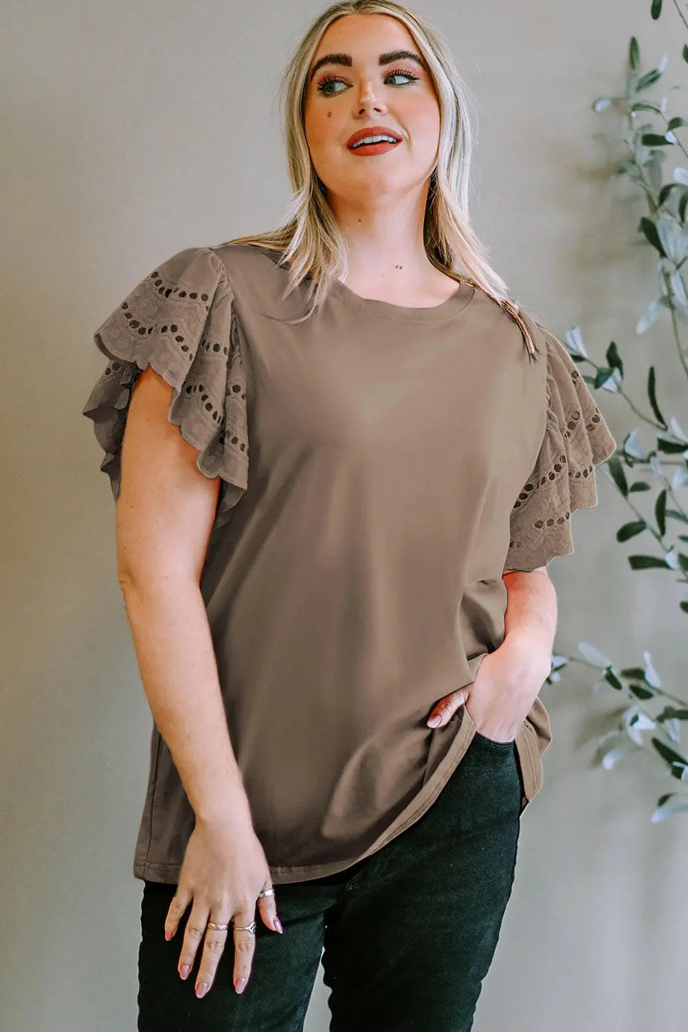 Plus Size Eyelet Round Neck Short Sleeve Blouse.