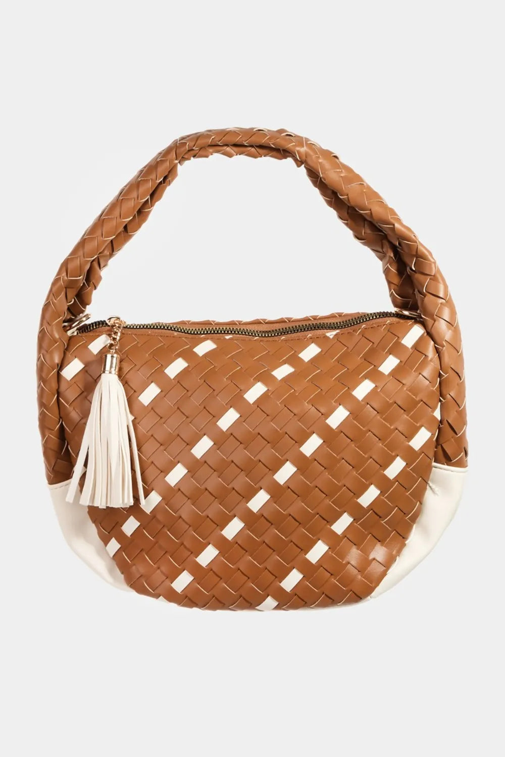 Fame Tassel Detail Weave Semi Circle Bag - Premium Tote Bag from Trendsi - Just $42.99! Shop now at Handbags Specialist Headquarter