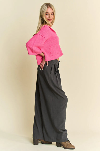 Davi & Dani Solid Back Pocket Shirring Detail Wide Leg Pants - Premium Women Pants from Trendsi - Just $57.99! Shop now at Handbags Specialist Headquarter