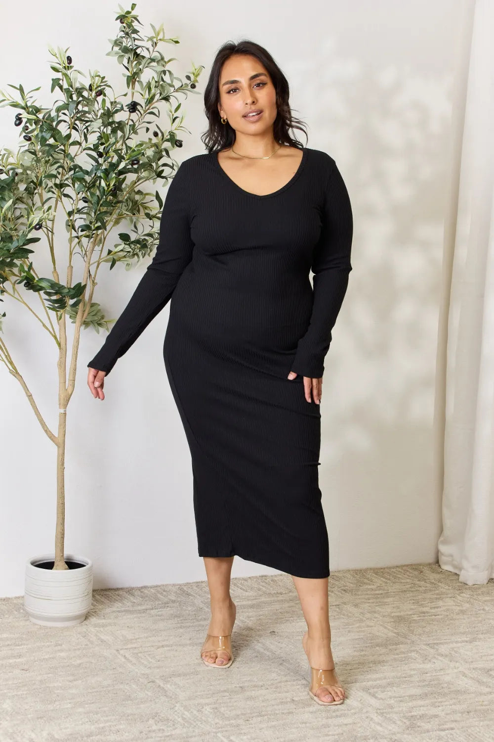 Culture Code Full Size Ribbed Long Sleeve Midi Slit Dress - Premium Dresses from Trendsi - Just $24.99! Shop now at Handbags Specialist Headquarter