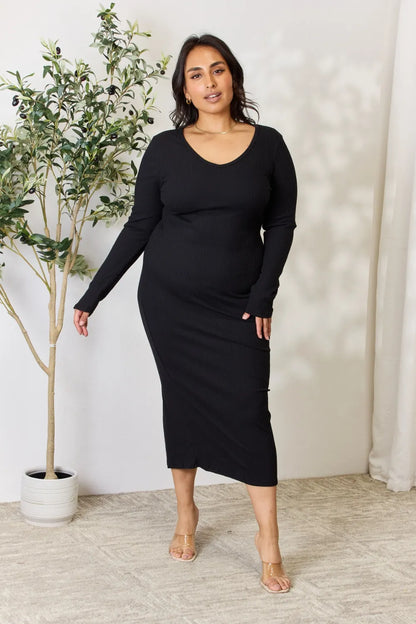 Culture Code Full Size Ribbed Long Sleeve Midi Slit Dress - Premium Dresses from Trendsi - Just $24.99! Shop now at Handbags Specialist Headquarter