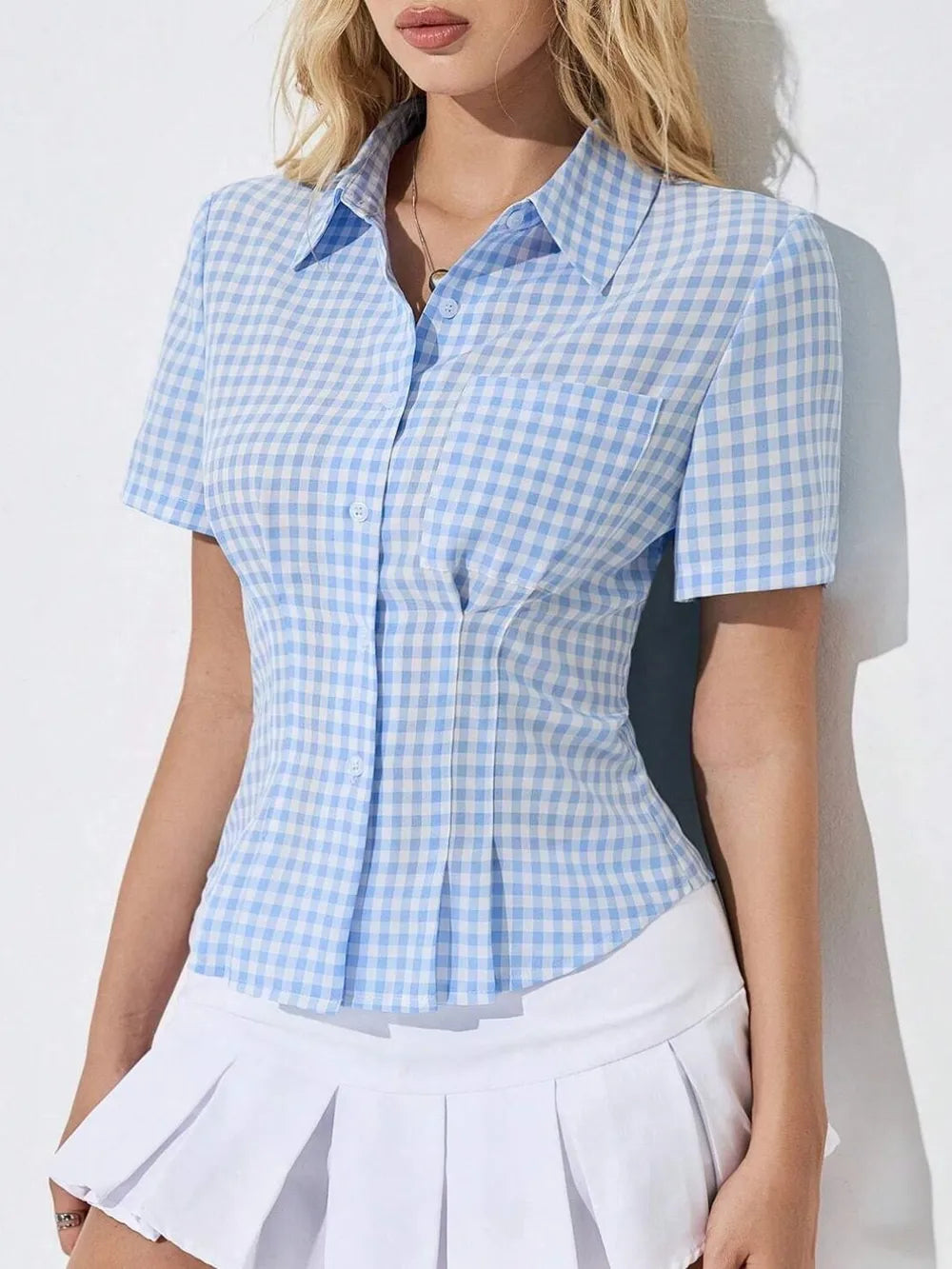 Button Down Short Sleeve Shirt - Premium Women's Down Shirt Tops from Trendsi - Just $25.50! Shop now at Handbags Specialist Headquarter